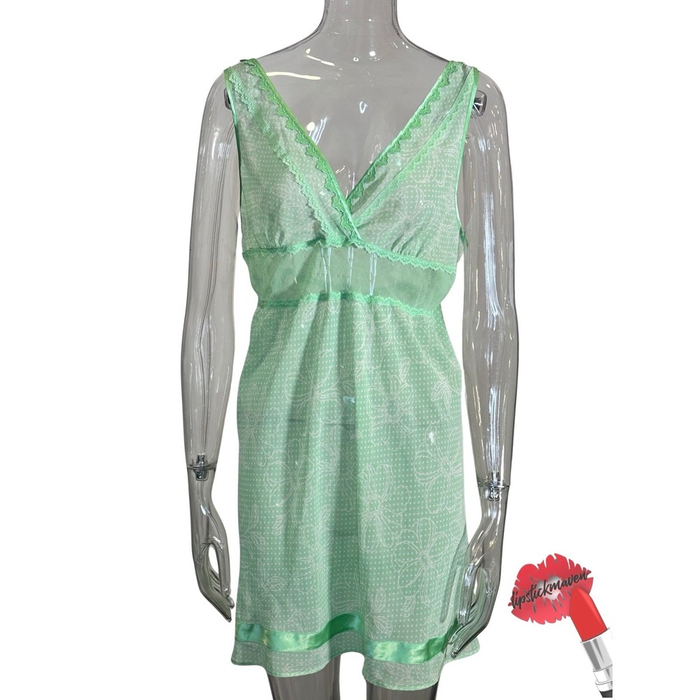 Y2K Vintage Victoria's Secret Teddy Slip‎ Dress Women Large Green Sheer Lingerie